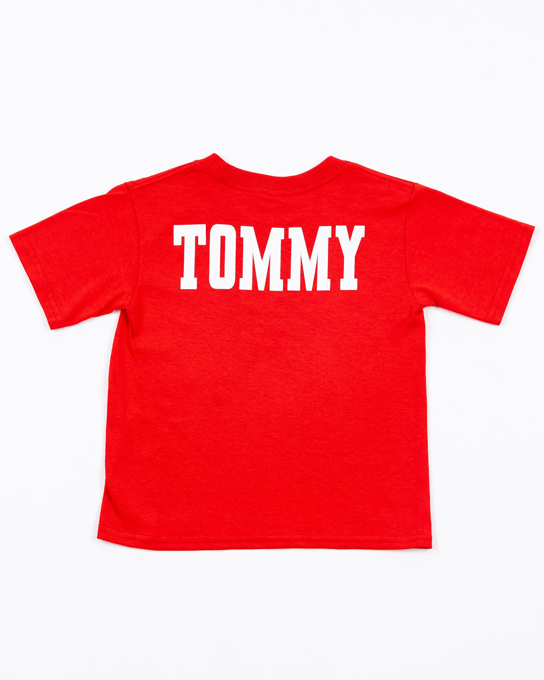 red Mitchell & Ness toddler short sleeve tee with Chicago Blackhawks mascot Tommy Hawk on front - back lay flat