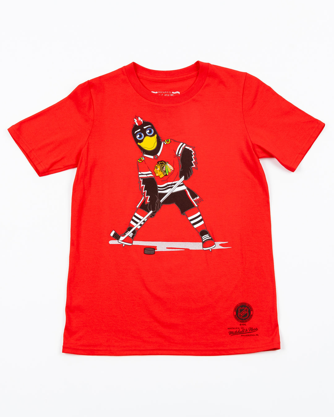 red Mitchell & Ness youth short sleeve tee with Chicago Blackhawks mascot Tommy Hawk on front - front lay flat