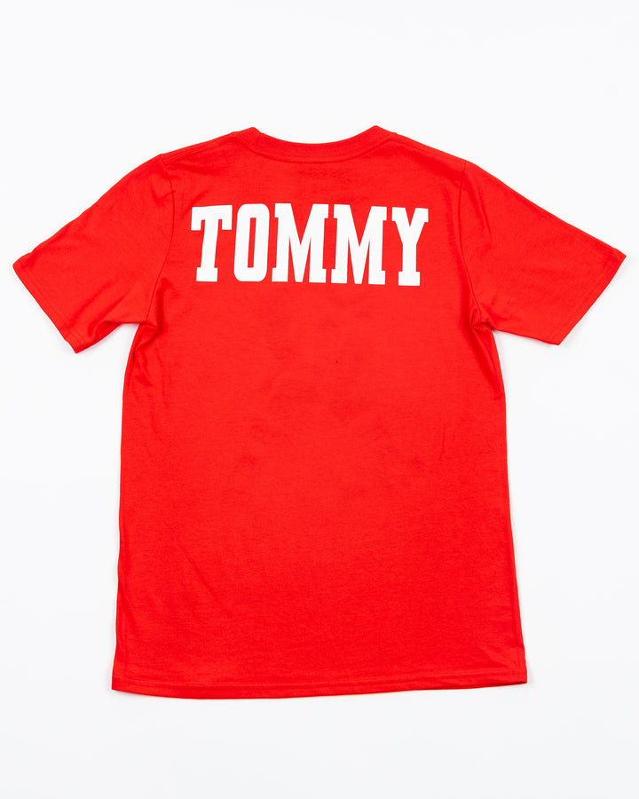 red Mitchell & Ness youth short sleeve tee with Chicago Blackhawks mascot Tommy Hawk on front - back lay flat