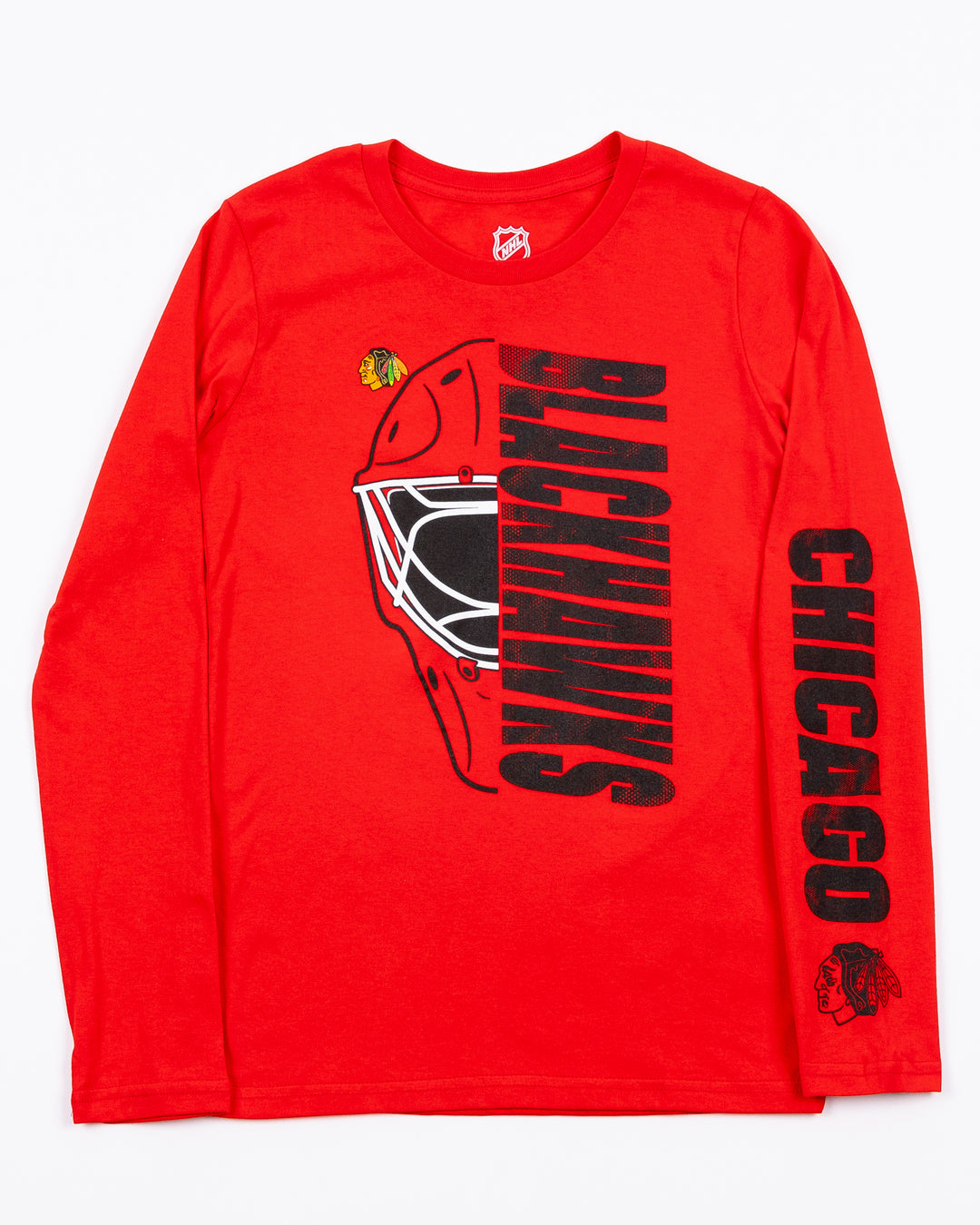 red youth long sleeve tee with Chicago Blackhawks wordmark and helmet graphic on front and Chicago wordmark on left arm - front lay flat