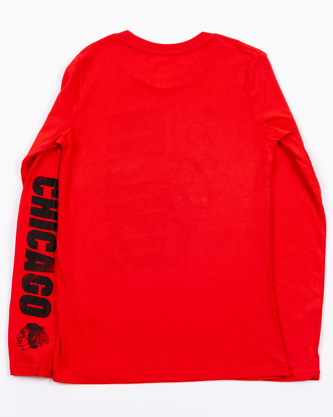 red youth long sleeve tee with Chicago Blackhawks wordmark and helmet graphic on front and Chicago wordmark on left arm - back lay flat