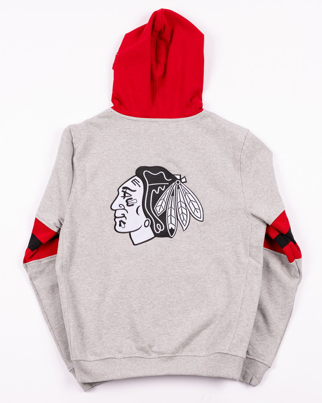 grey and red New Era hoodie with embroidered Chicago Blackhawks secondary logo and 26 on left chest and primary logo on back- back lay flat