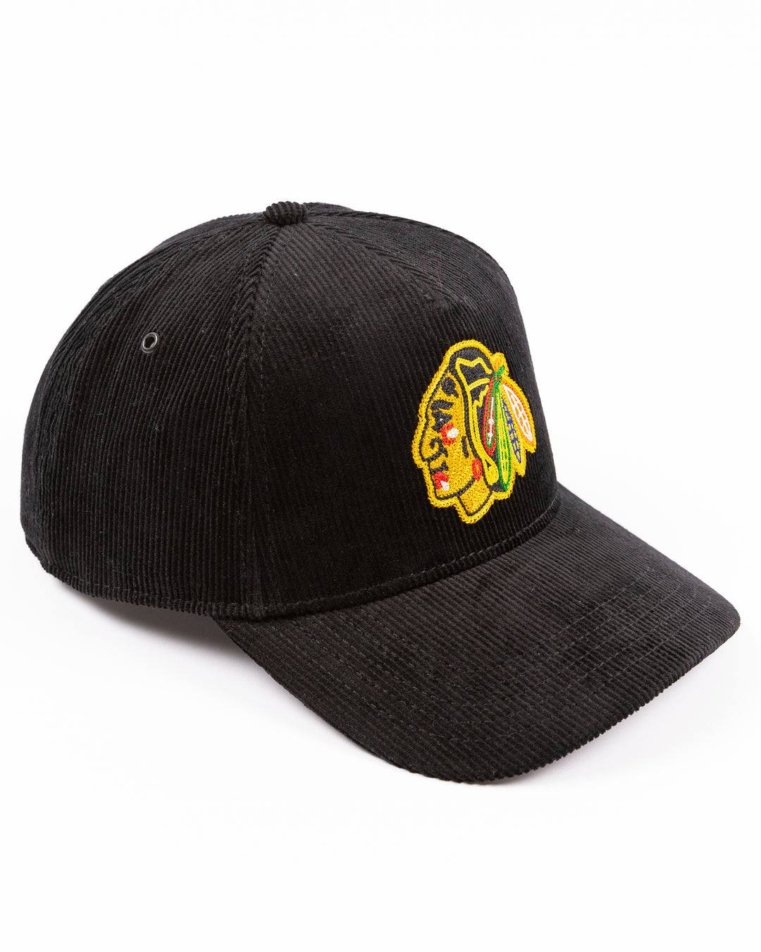 black corduroy snapback hat with chain stitch Chicago Blackhawks primary logo on front - right angle lay flat