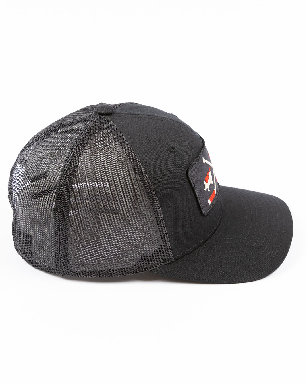 black trucker hat with patch of Windy City Smokeout logo and Chicago Blackhawks primary logo on front - right side lay flat