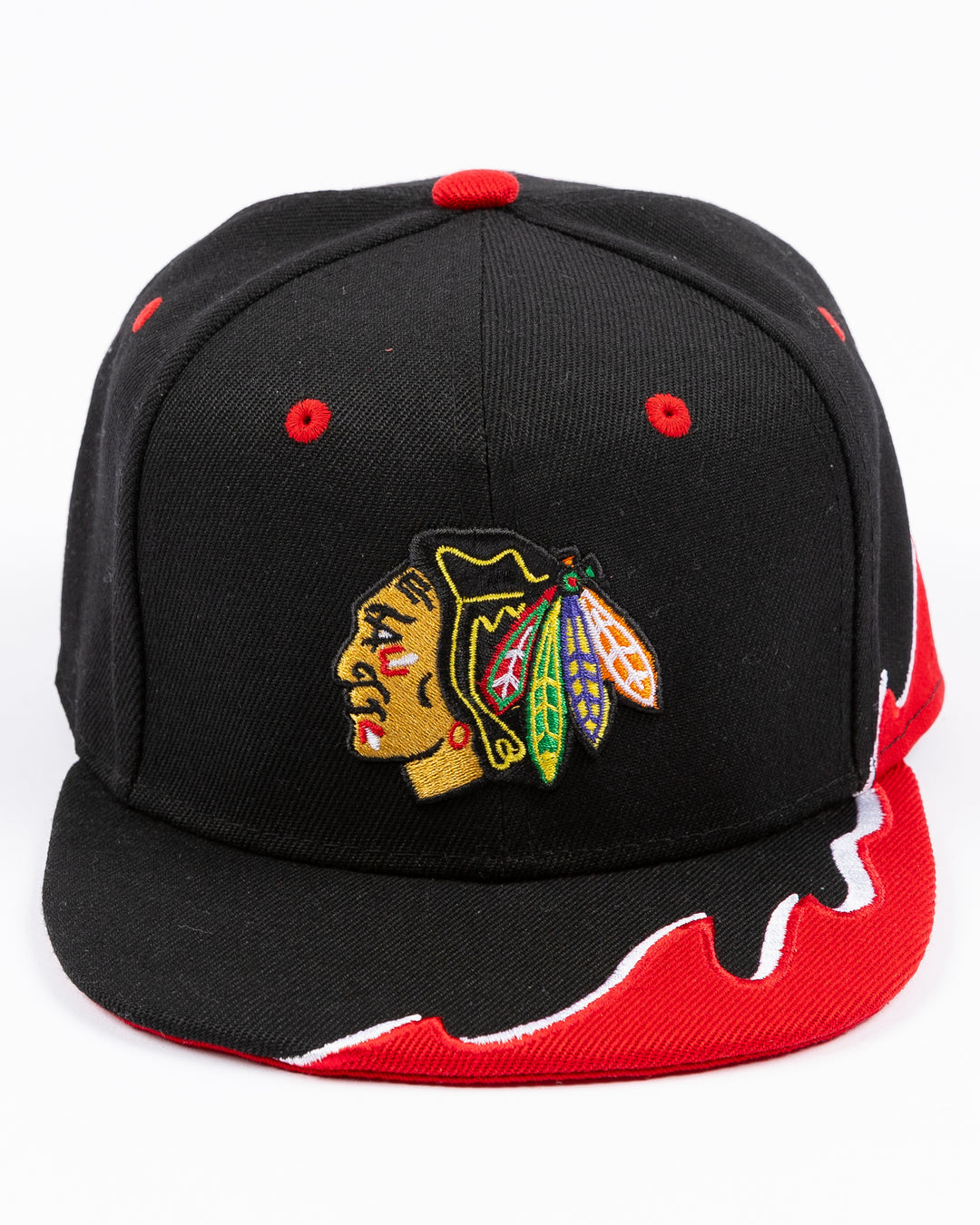 youth black MItchell & Ness snapback cap with Chicago Blackhawks primary logo on front and tide design embroidered on brim and left side - front lay flat