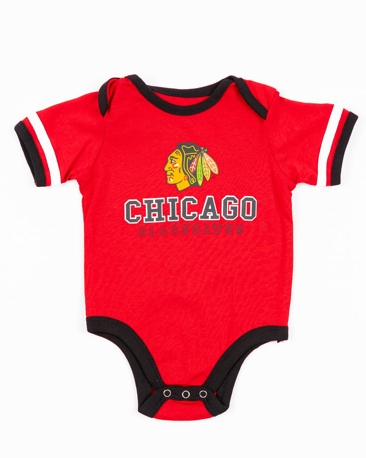 Colosseum infant Chicago Blackhawks onesie and bib set - front lay flat onesie only