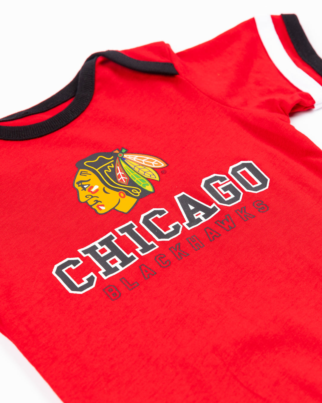 Colosseum infant Chicago Blackhawks onesie and bib set - detail front lay flat onesie only