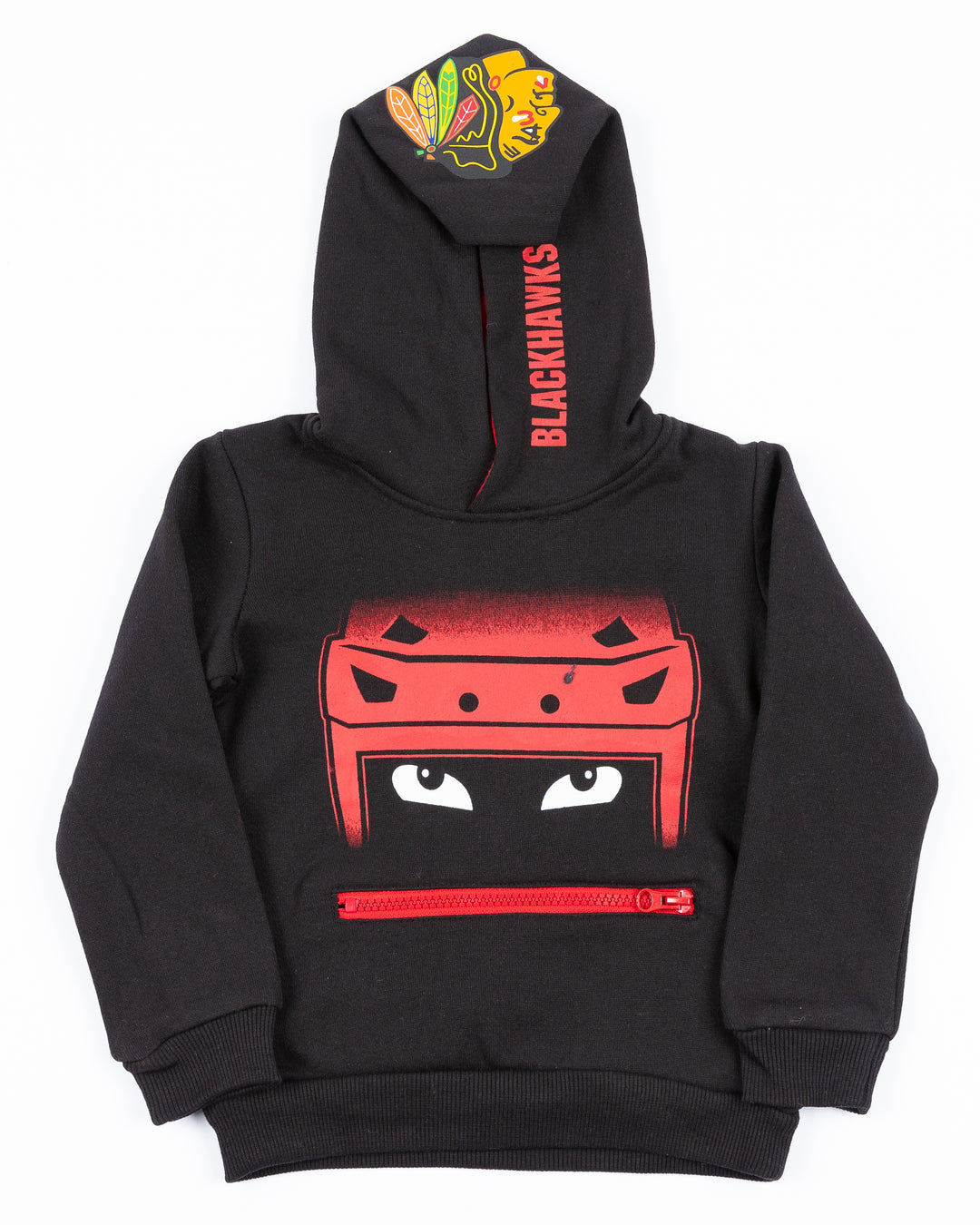 toddler size black hoodie with Chicago Blackhawks primary logo and wordmark on hoodie and layer inspired graphic on front - front lay flat