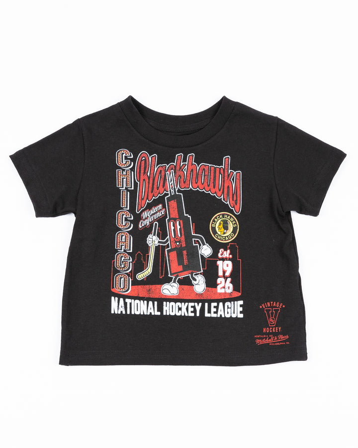 toddler black Mitchell & Ness short sleeve tee with Chicago Blackhawks wordmark and Sears tower-inspired cartoon graphic on front - front lay flat