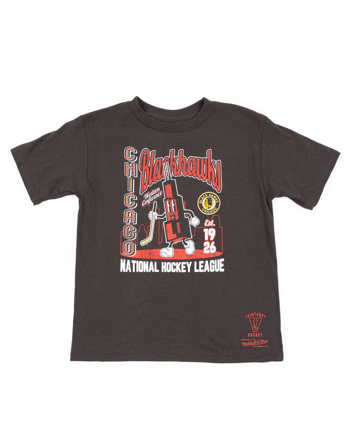 kids black Mitchell & Ness short sleeve tee with Chicago Blackhawks wordmark and Sears tower-inspired cartoon graphic design - front lay flat