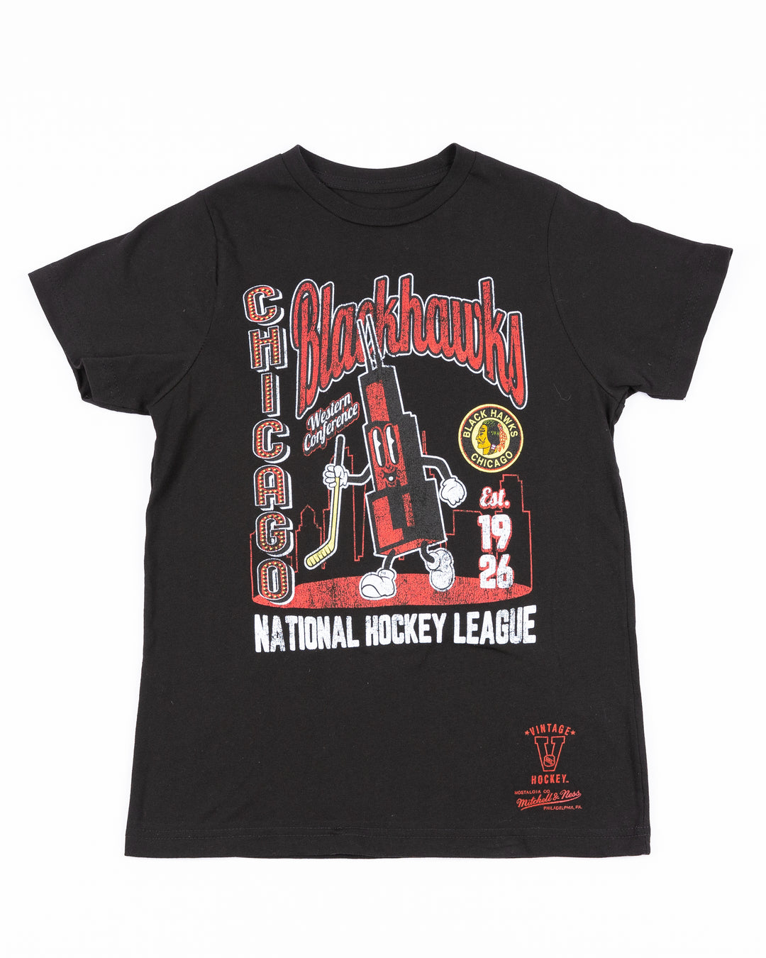 youth black Mitchell & Ness short sleeve tee with Sears tower-inspired cartoon graphic and Chicago Blackhawks wordmark - front lay flat