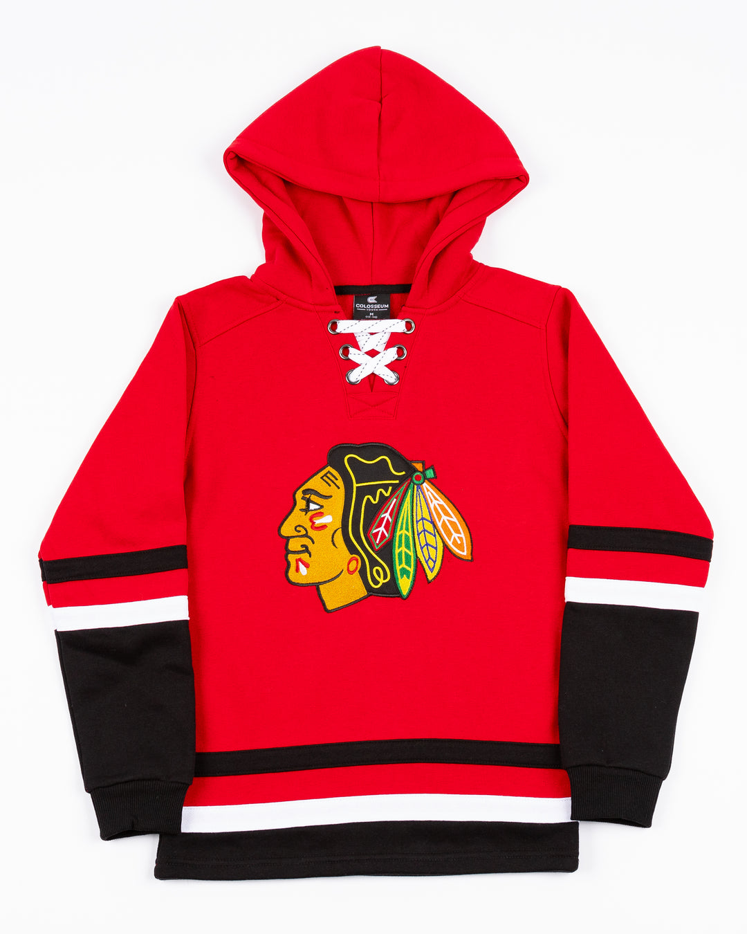 red Colosseum youth lace up hoodie with Chicago Blackhawks primary logo across front on jersey-inspired colorway - front lay flat