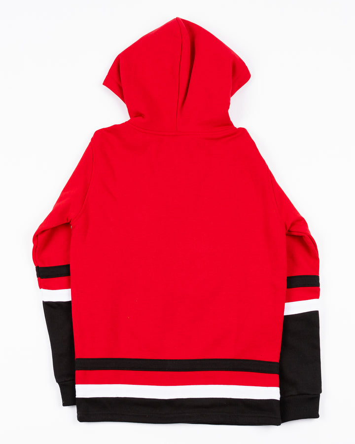 red Colosseum youth lace up hoodie with Chicago Blackhawks primary logo across front on jersey-inspired colorway - back lay flat