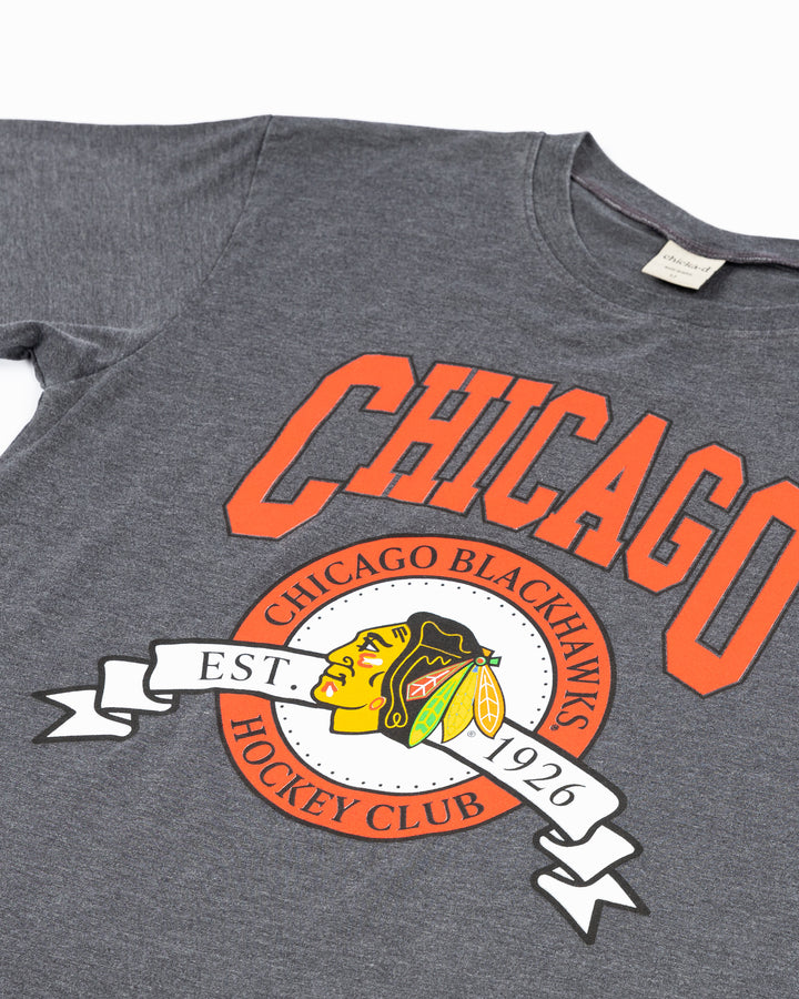 grey chicka-d tee with varsity-inspired Chicago wordmark and primary logo across front - detail lay flat