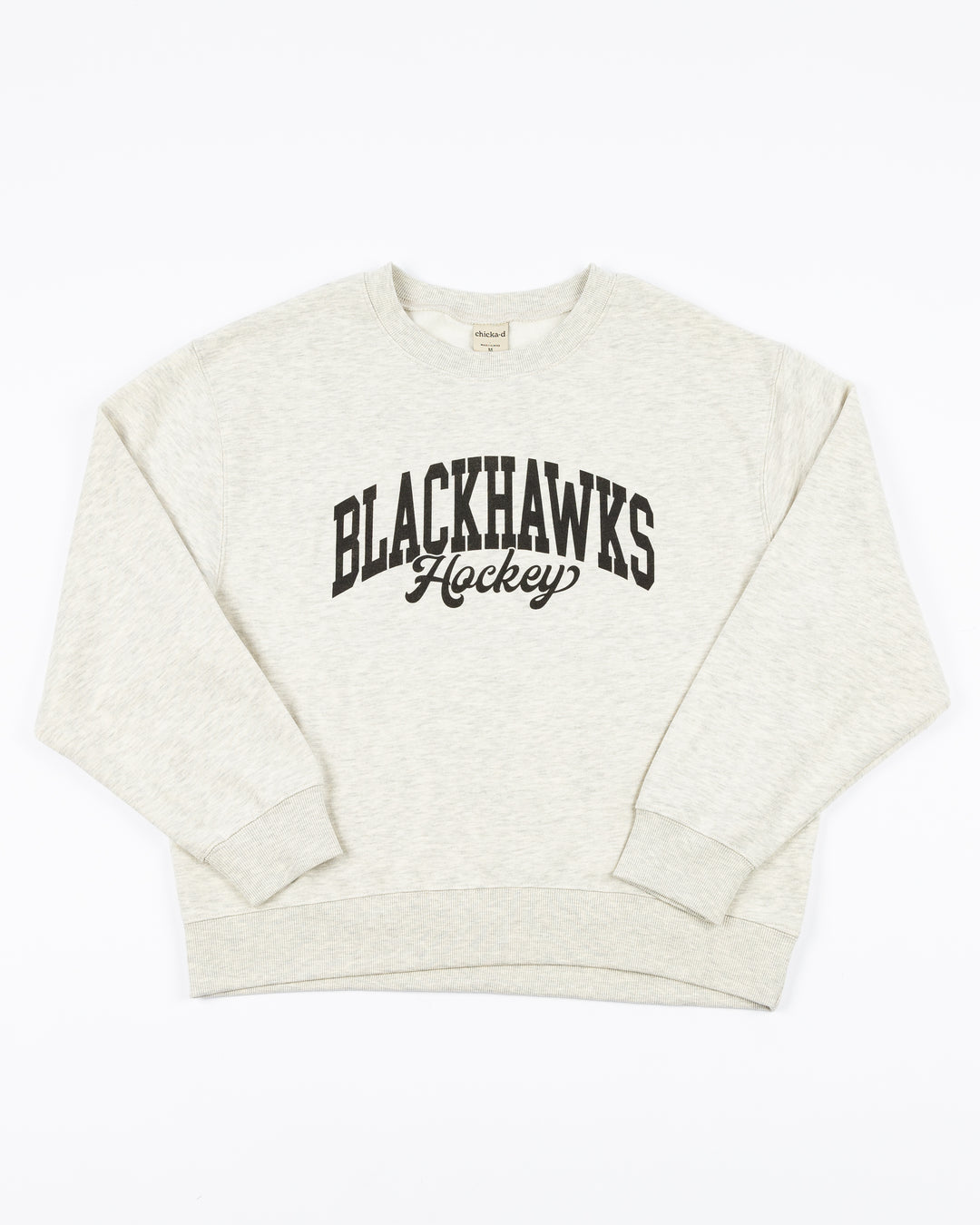 ash grey chicka-d ladies crewneck sweatshirt with Chicago Blackhawks script wordmark on front - front lay flat