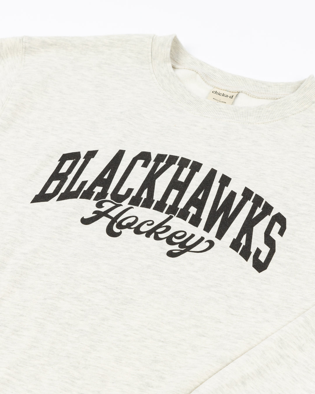 ash grey chicka-d ladies crewneck sweatshirt with Chicago Blackhawks script wordmark on front - detail lay flat