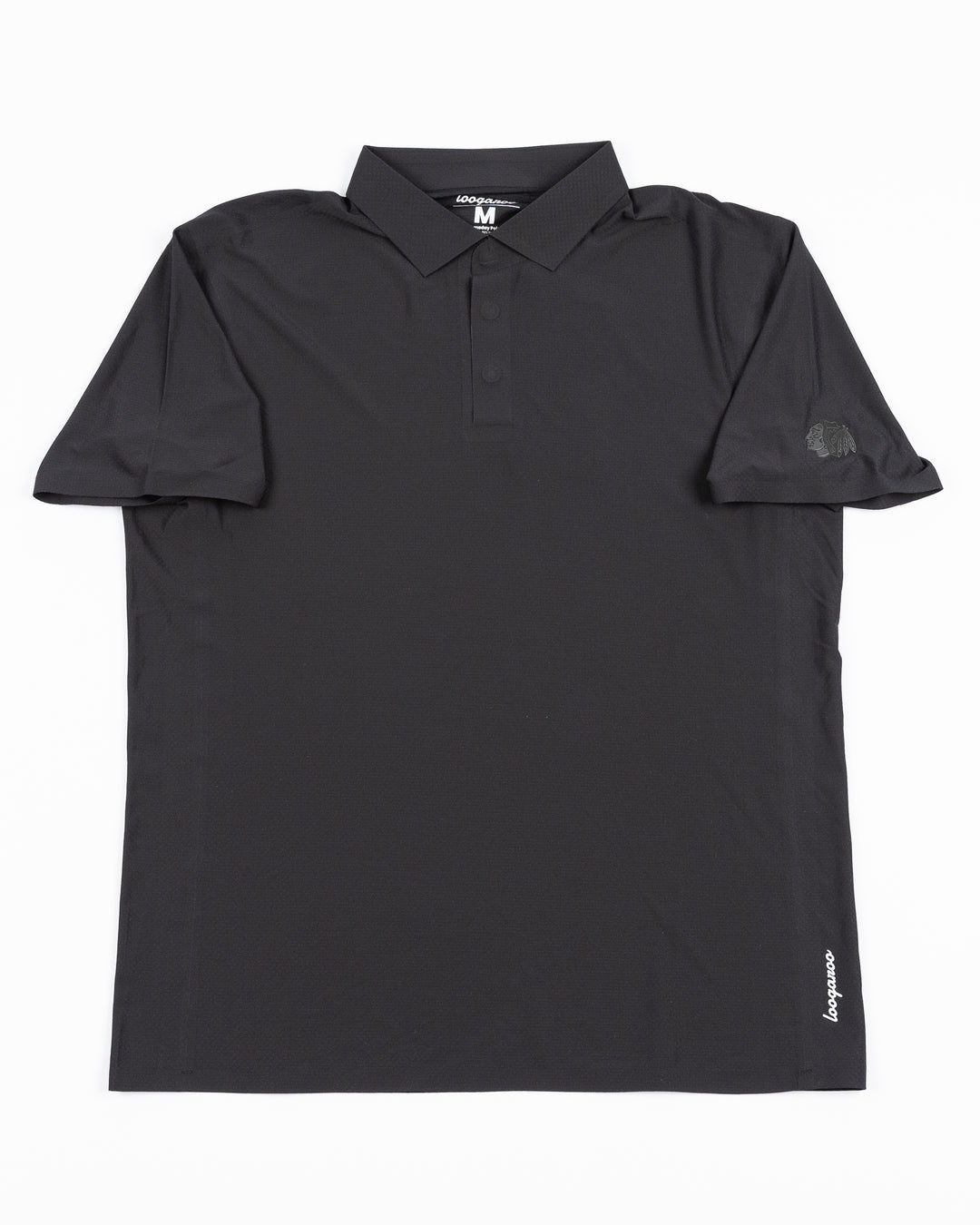 black Loogaroo polo with tonal Chicago Blackhawks primary logo patch on left shoulder - front lay flat