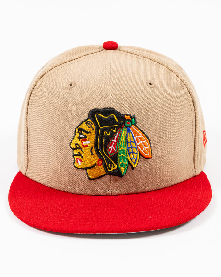 two tone camel and red New Era fitted cap with Chicago Blackhawks primary logo on front - front lay flat