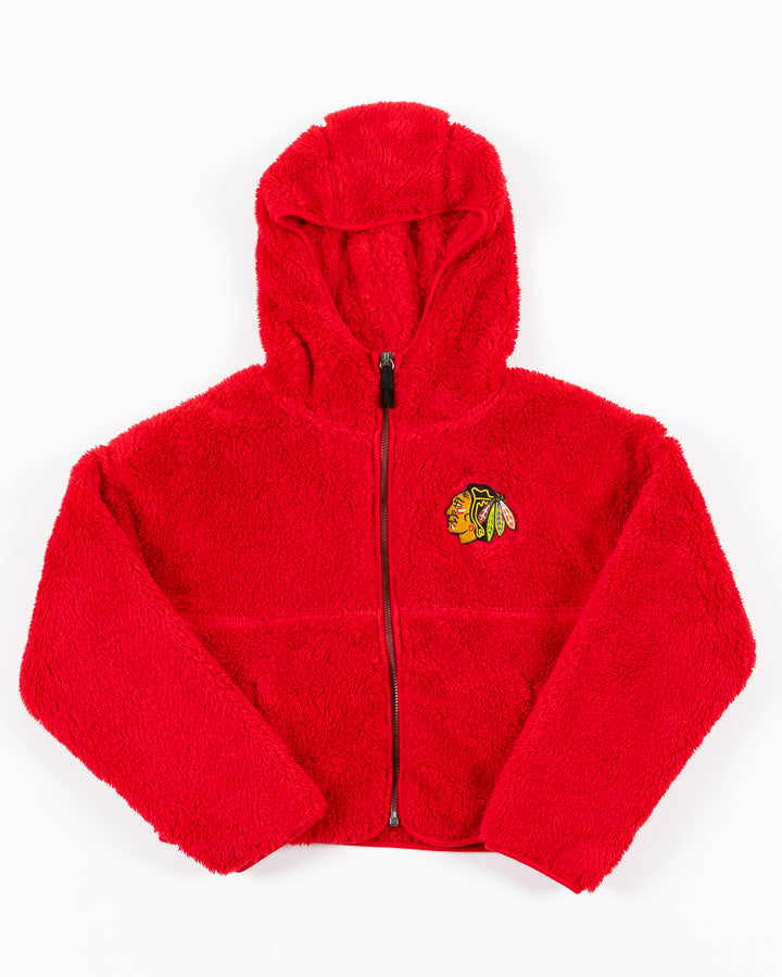 red Colosseum youth girl hooded sherpa jacket with Chicago Blackhawks primary logo embroidered on left chest - front lay flat