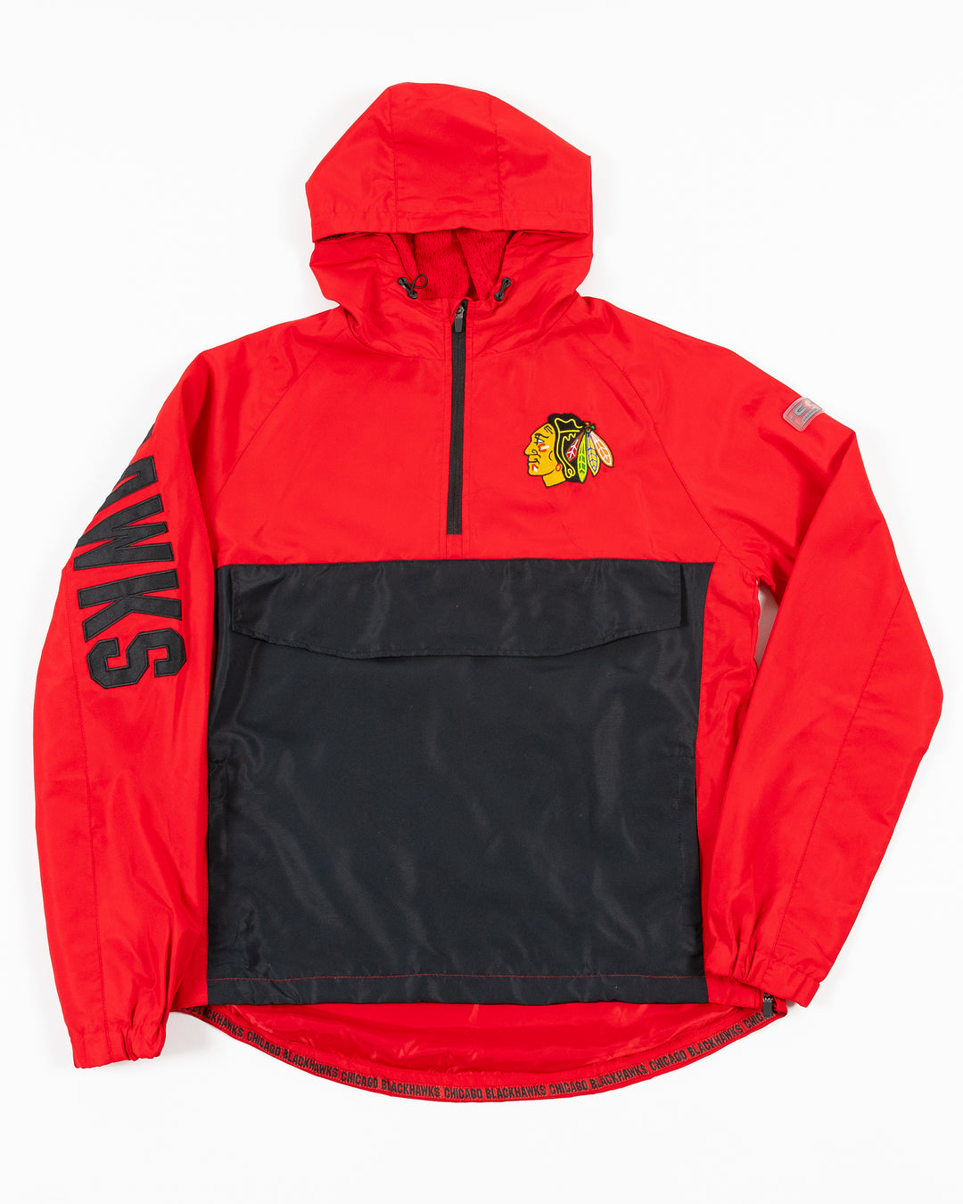 red Colosseum half zip hoodie jacket with Chicago Blackhawks primary logo on left chest and Blackhawks wordmark on shoulder on right arm - front lay flat