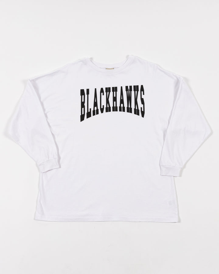 white chicka-d long sleeve oversized tee with Chicago Blackhawks wordmark across front - front lay flat