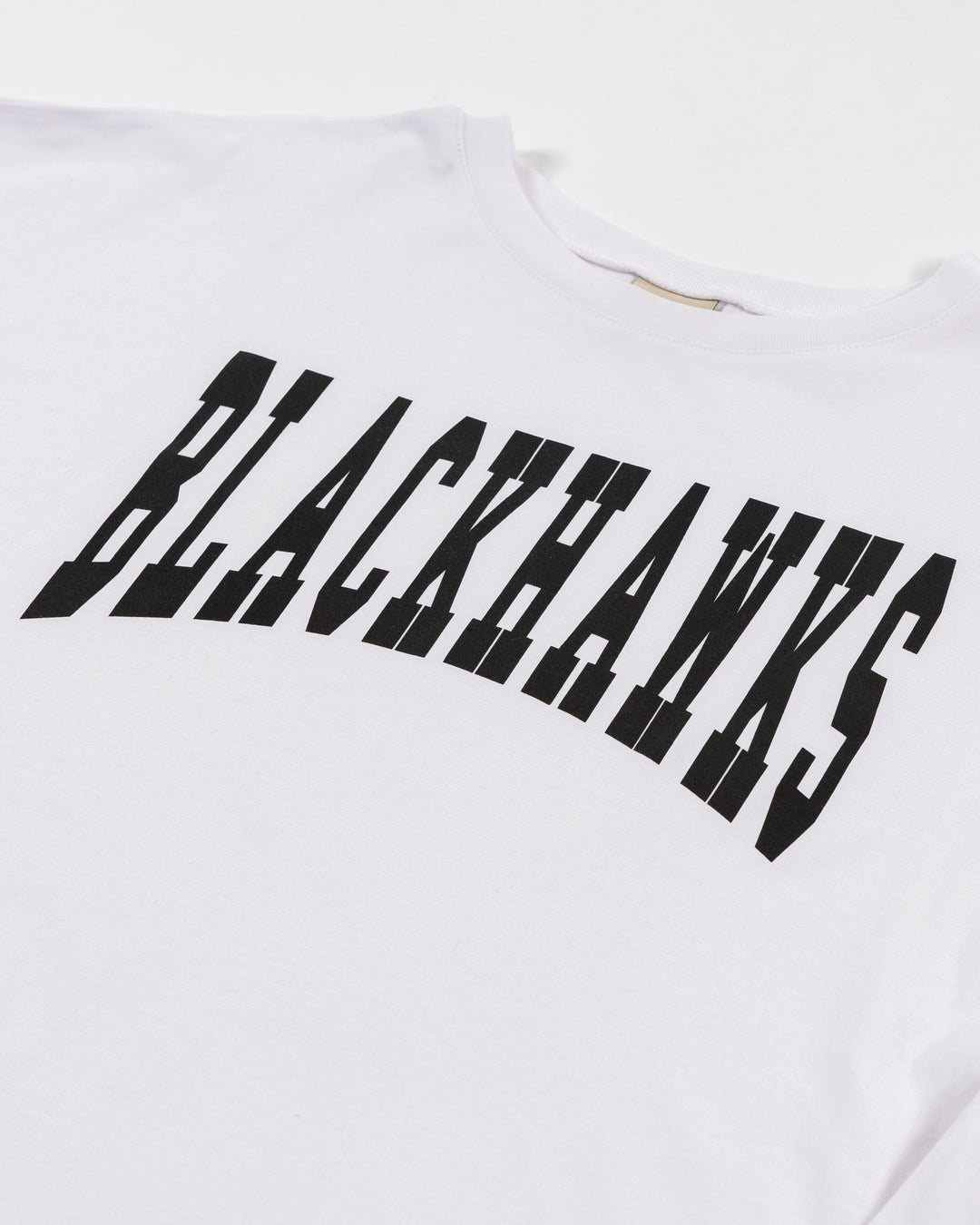 white chicka-d long sleeve oversized tee with Chicago Blackhawks wordmark across front - detail lay flat