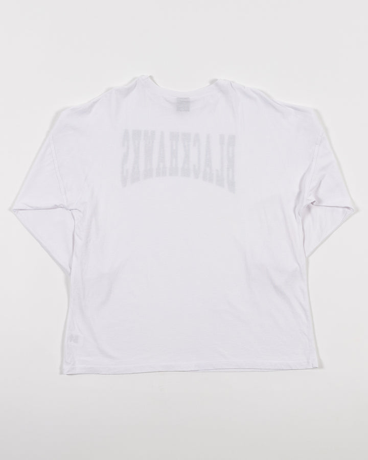 white chicka-d long sleeve oversized tee with Chicago Blackhawks wordmark across front - back lay flat