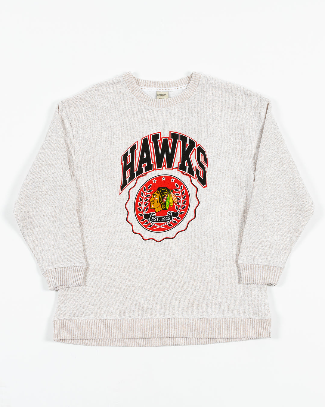 off white chicka-d sweater with Chicago Blackhawks varisty inspired graphic with Hawks wordmark and primary logo on front - front lay flat