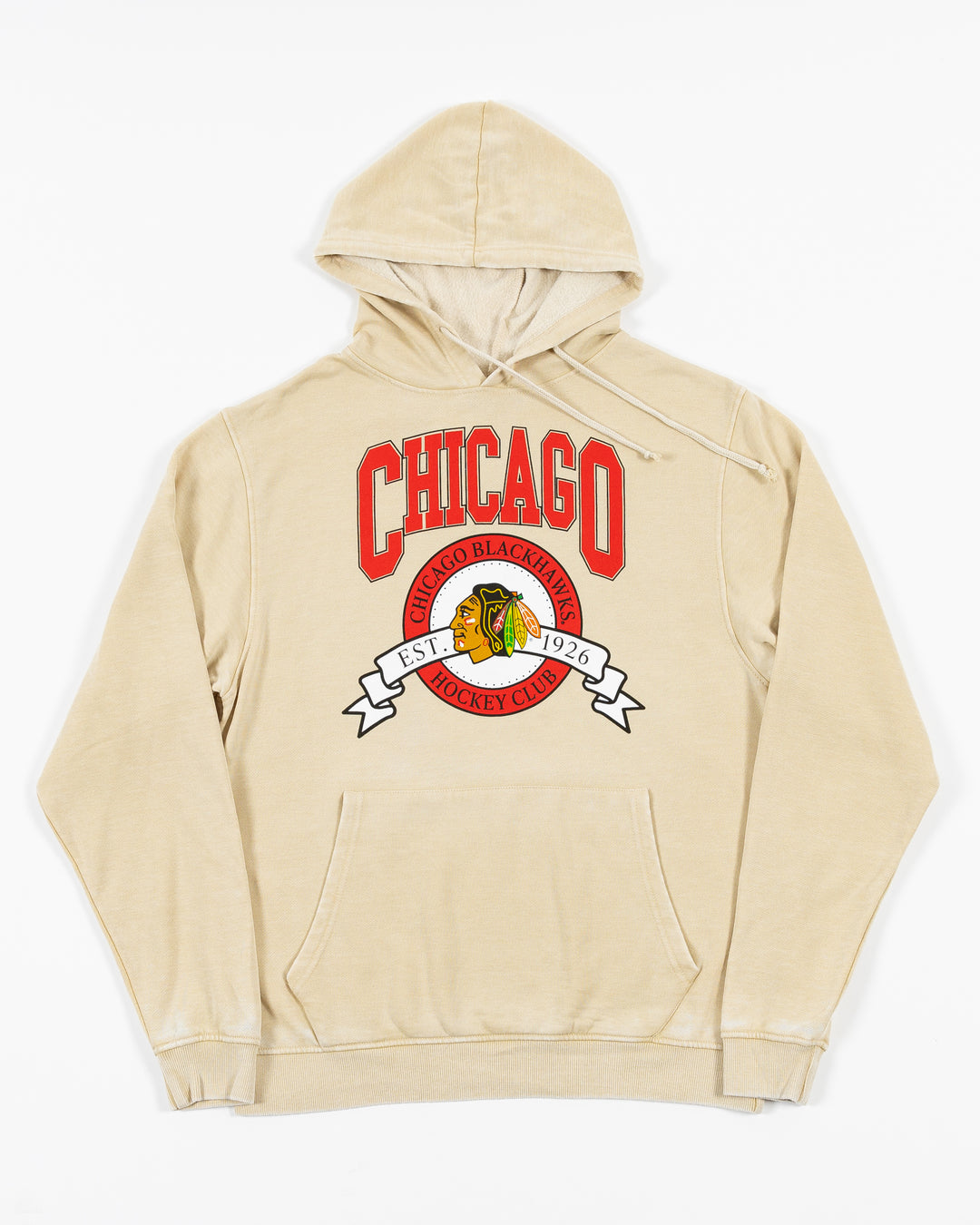 oatmeal chicka-d hoodie with Chicago Blackhawks primary logo and Chicago wordmark in collegiate inspired design - front lay flat