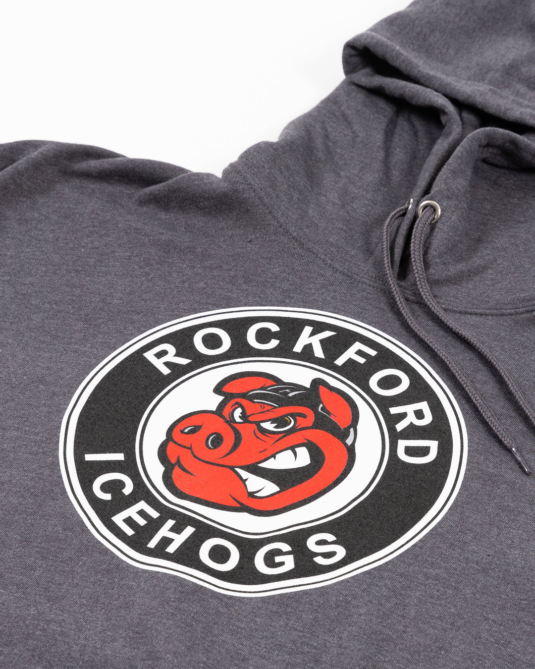 grey Rockford IceHogs hoodie with logo printed across front - detail lay flat