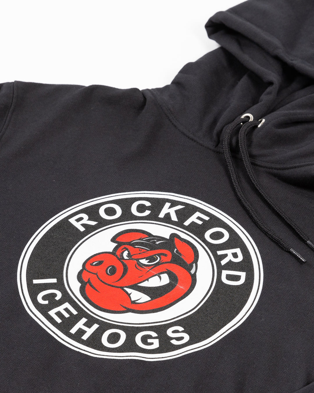 black Rockford IceHogs hoodie with logo across chest - detail lay flat