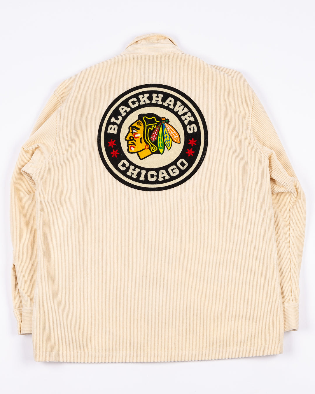 cream corduroy American Needle button up shirt with Chicago Blackhawks Winter Classic patches on right chest, left sleeve and back - back lay flat