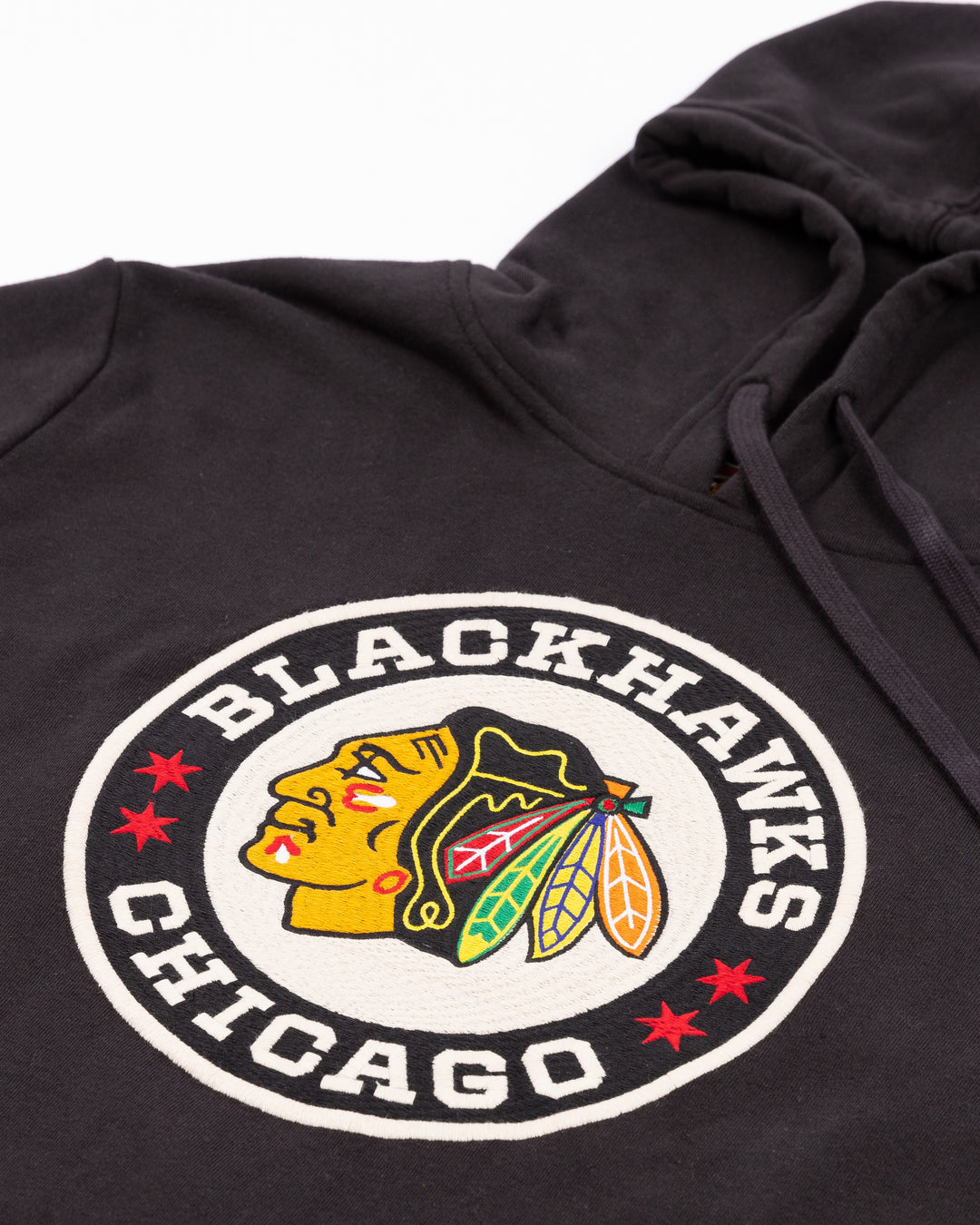 black American Needle hoodie with Chicago Blackhawks Winter Classic logo embroidered on front - front detail lay flat