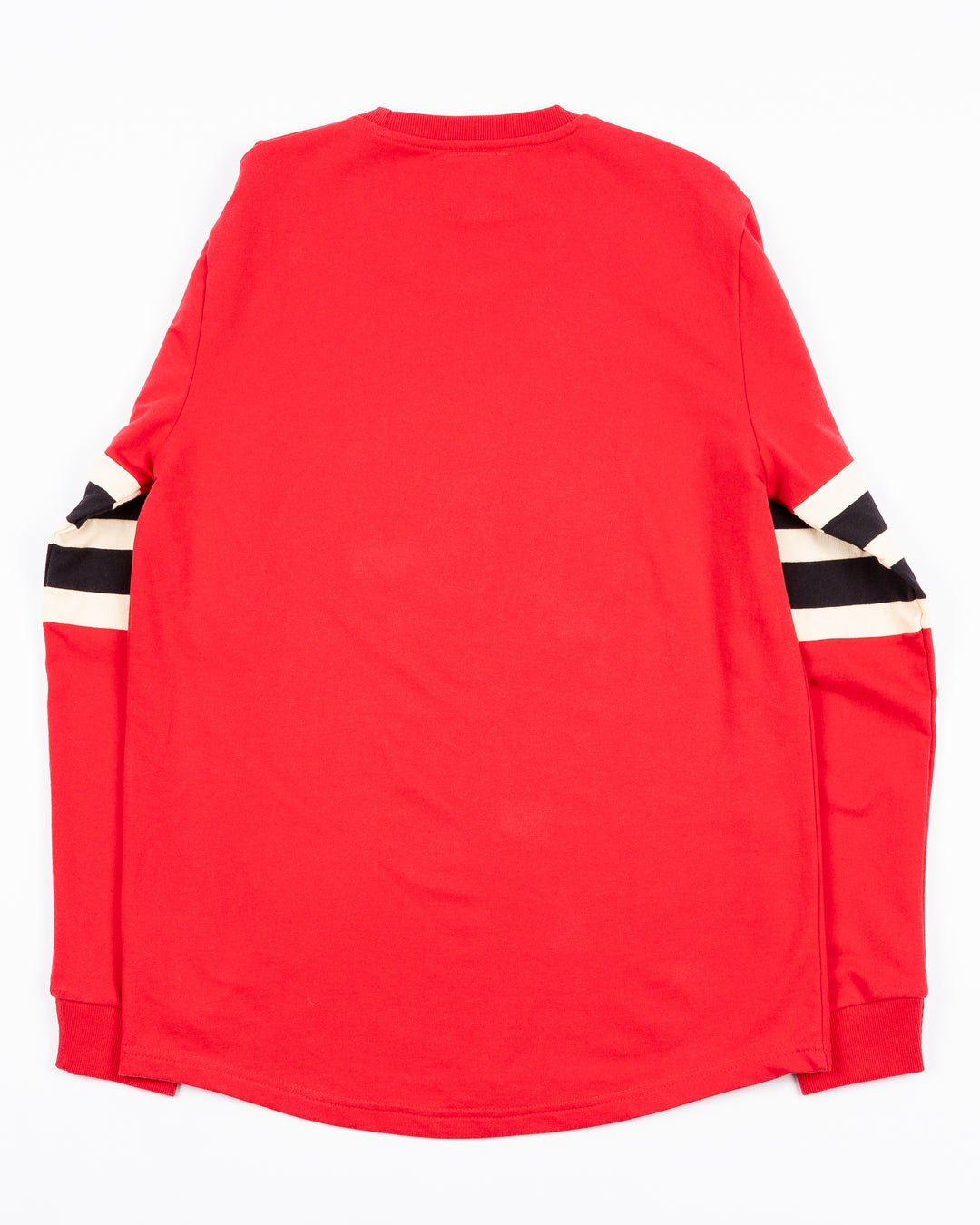 American Needle red long sleeve tee with Chicago Blackhawks Winter Classic logo embroidered on front and striping on sleeves - back lay flat