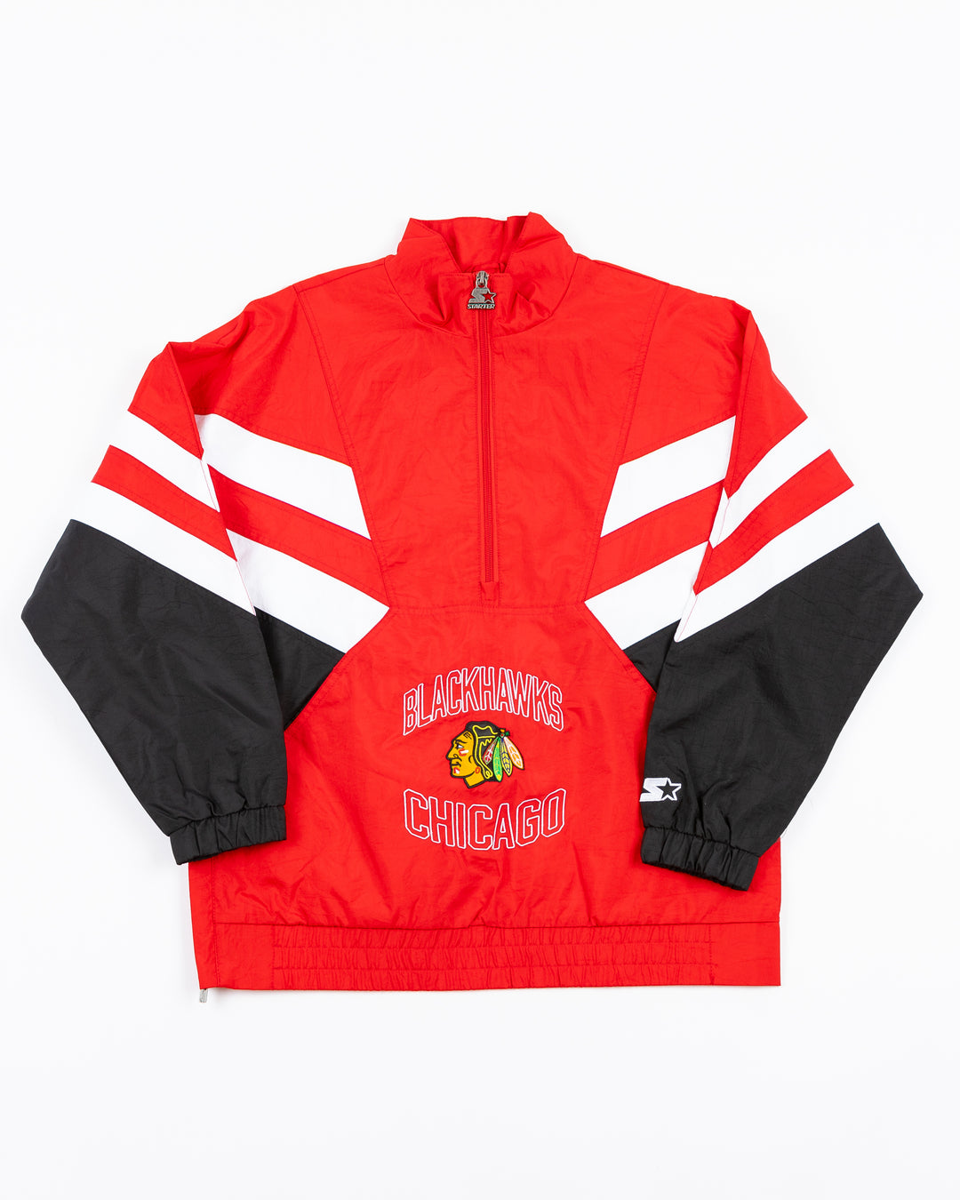 red, black and white women's Starter jacket with Blackhawks Chicago wordmark and primary logo on front pocket and secondary logo on back - front lay flat