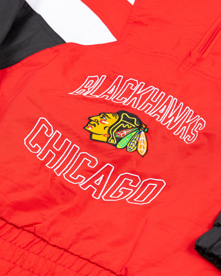 red, black and white women's Starter jacket with Blackhawks Chicago wordmark and primary logo on front pocket and secondary logo on back - front detail lay flat