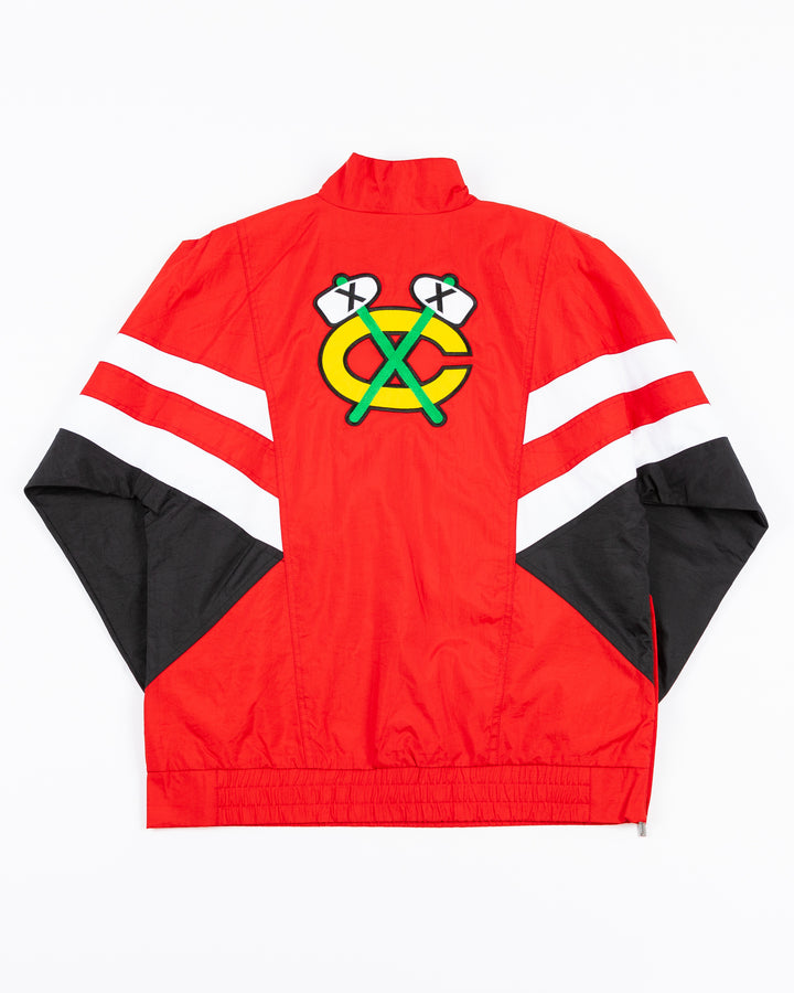 red, black and white women's Starter jacket with Blackhawks Chicago wordmark and primary logo on front pocket and secondary logo on back - back lay flat