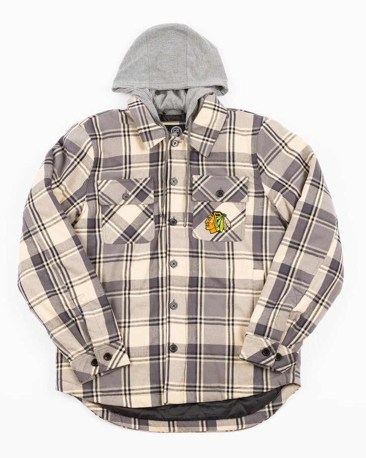 grey plaid Starter hoodie jacket with Chicago Blackhawks primary logo adorning left chest pocket - front lay flat