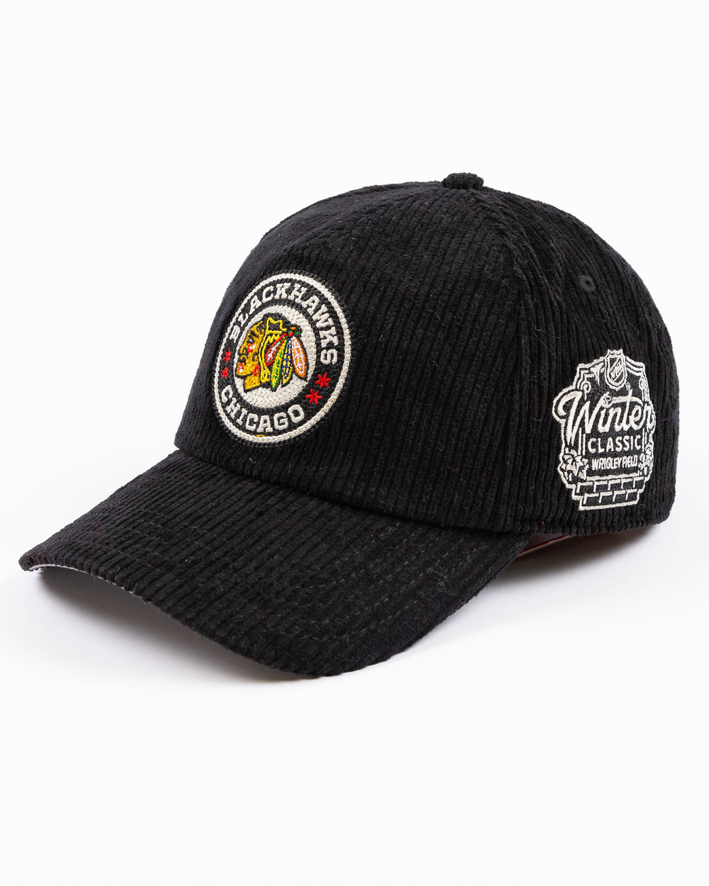 black corduroy American Needle snapback cap with Chicago Blackhawks Winter Classic logo on front and NHL Winter Classic logo on left side - left angle lay flat