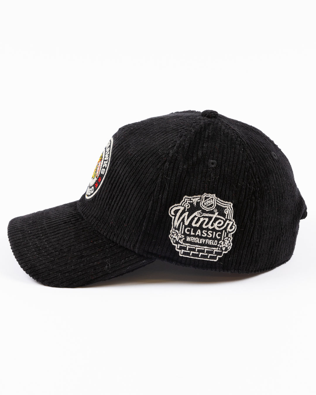 black corduroy American Needle snapback cap with Chicago Blackhawks Winter Classic logo on front and NHL Winter Classic logo on left side - left side lay flat