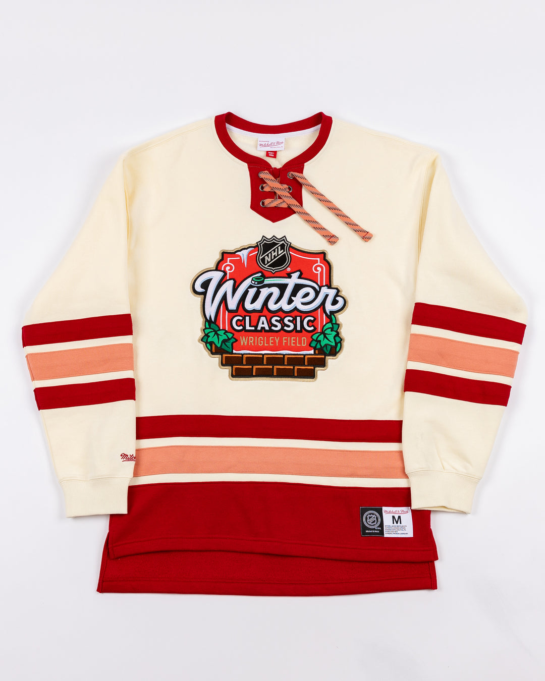 cream Mitchell & Ness crewneck with Chicago Blackhawks Winter Classic NHL logo embroidered on front - front lay flat