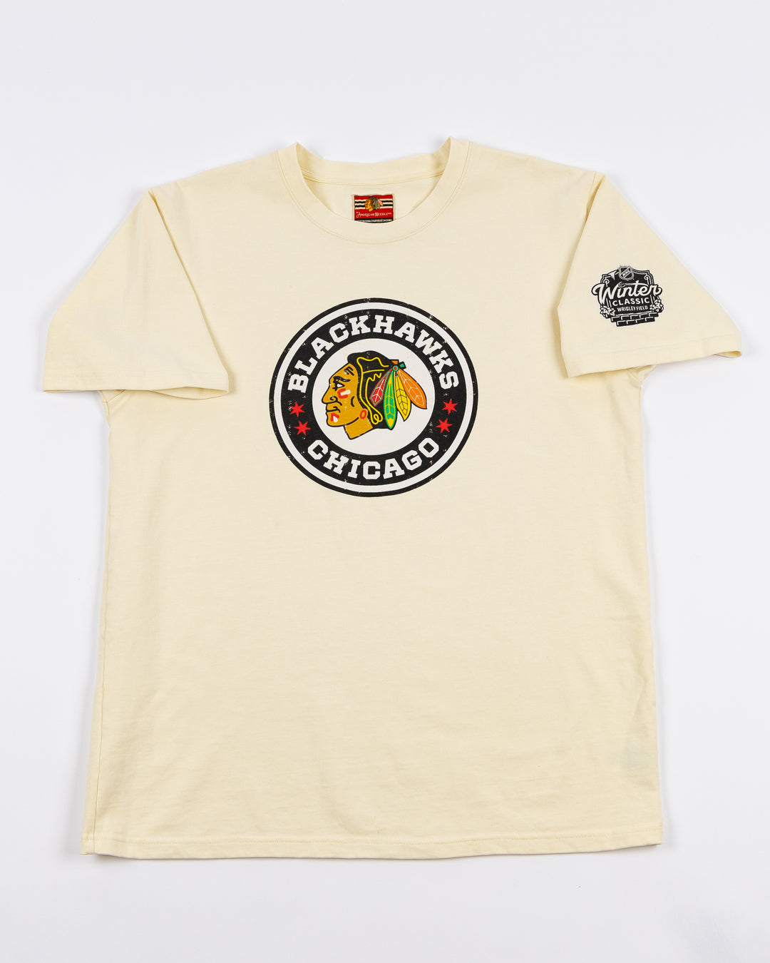 cream American Needle short sleeve tee with Chicago Blackhawks Winter Classic logo on front and NHL Winter Classic logo on left sleeve - front lay flat 