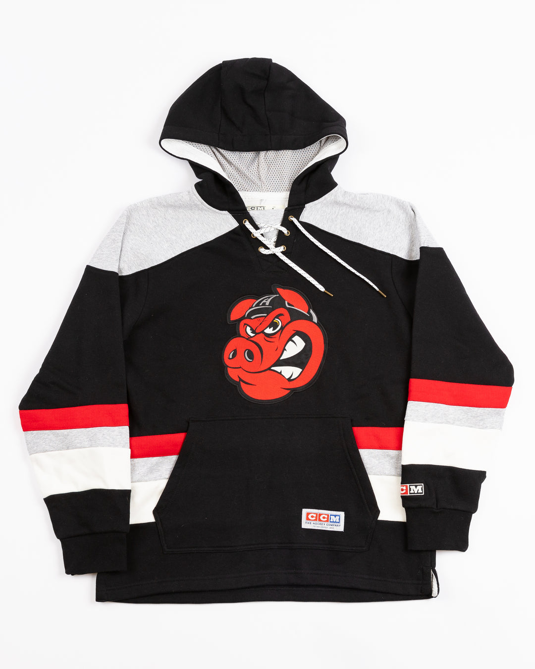 black jersey-inspired CCM hoodie with Rockford IceHogs Hammy embroidered on front - front lay flat