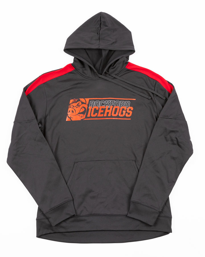 black Sportek hoodie with Rockford IceHogs logo across chest with red accents on shoulders - front lay flat