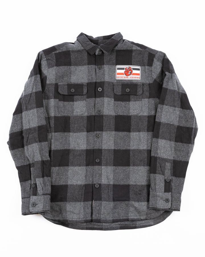 black and dark gray plaid button down flannel with Rockford IceHogs patch on left chest - front lay flat