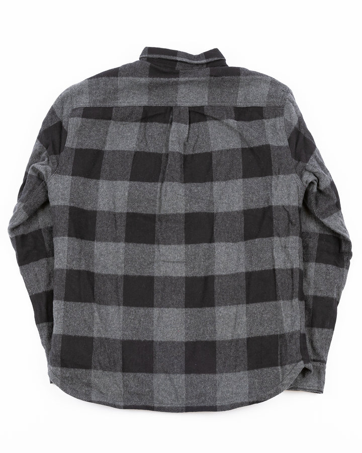 black and dark gray plaid button down flannel with Rockford IceHogs patch on left chest - back lay flat