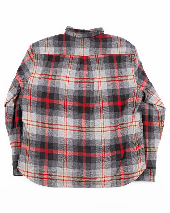 gray, black and red flannel button down plaid shirt with Rockford IceHogs patch on left chest - back lay flat