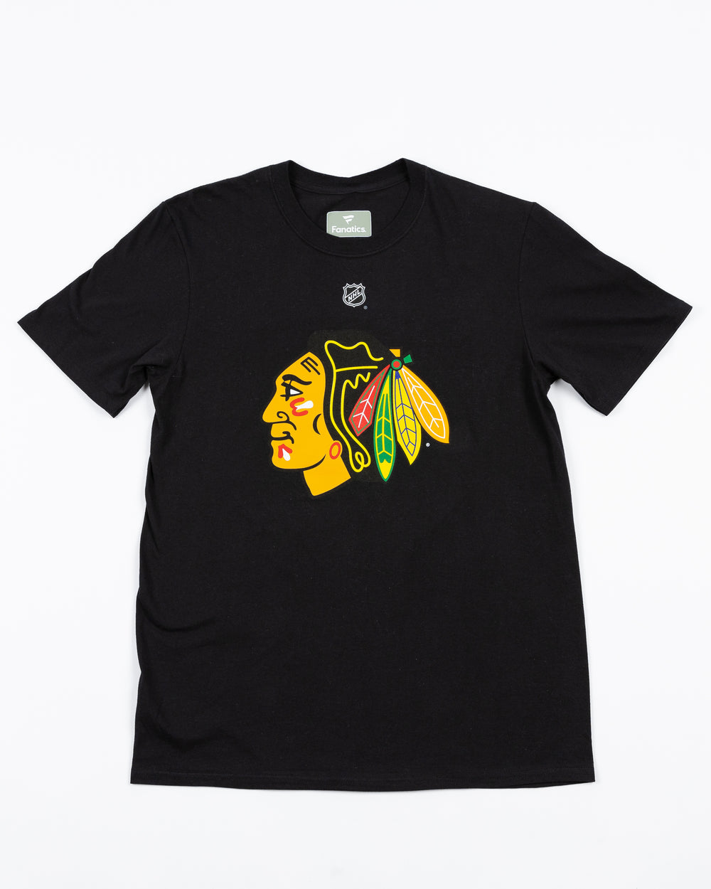 black short sleeve Fanatics tee with Teuvo Teravainen name and number 86 on back and Chicago Blackhawks primary logo on front - front lay flat