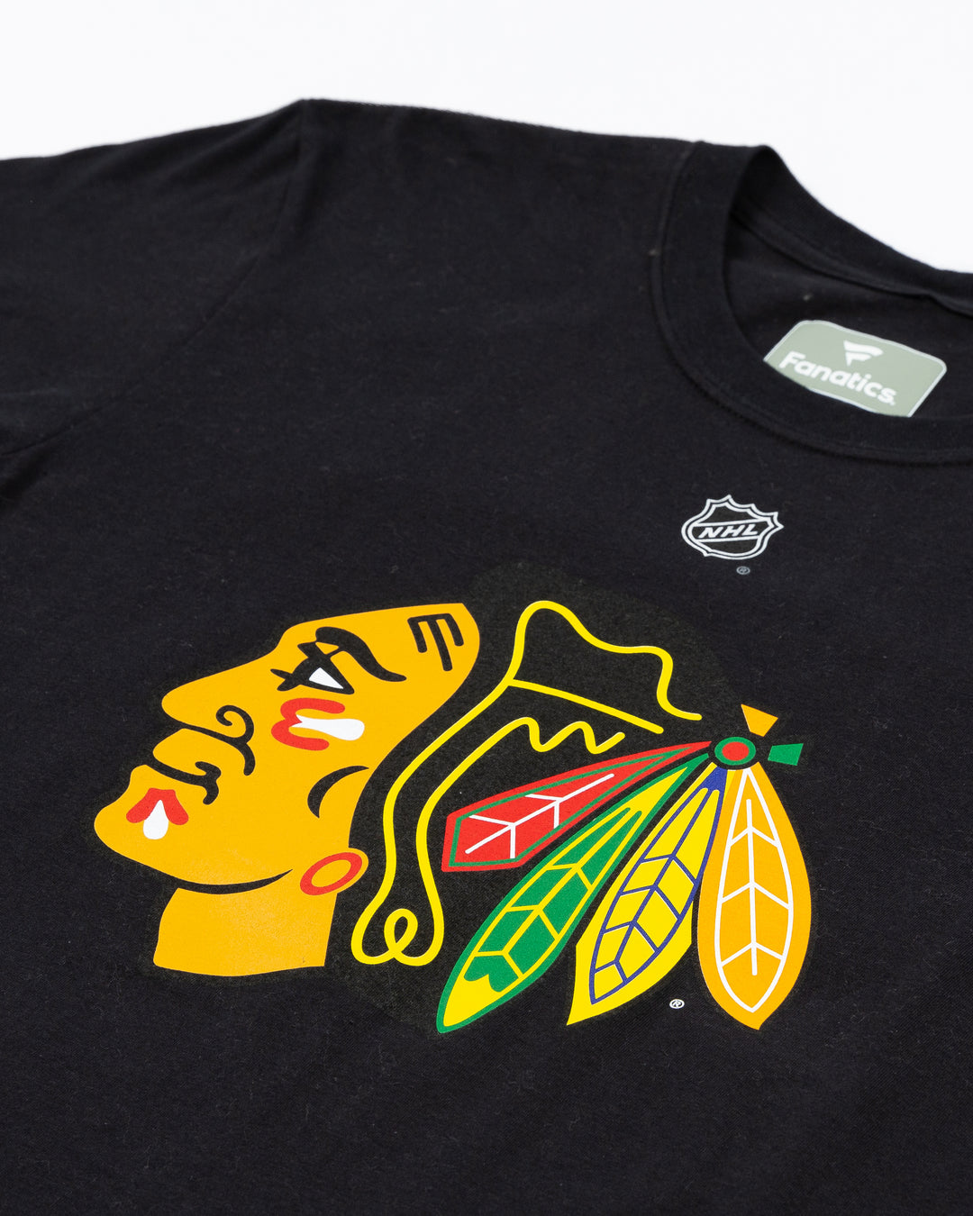 black short sleeve Fanatics tee with Teuvo Teravainen name and number 86 on back and Chicago Blackhawks primary logo on front - front detail lay flat