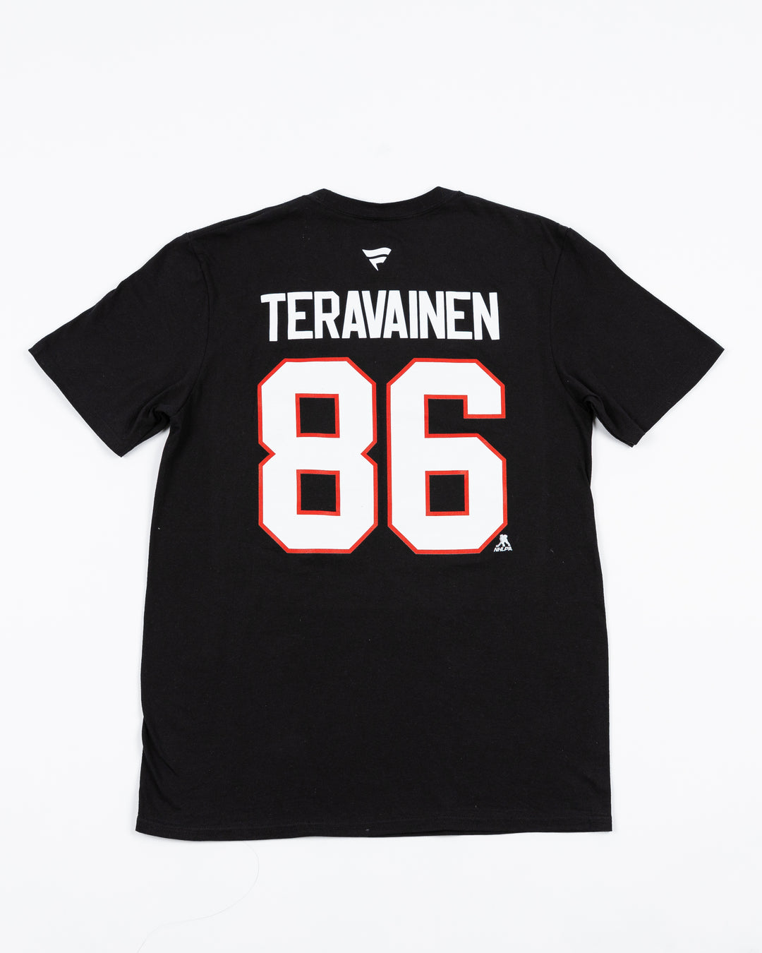 black short sleeve Fanatics tee with Teuvo Teravainen name and number 86 on back and Chicago Blackhawks primary logo on front - back lay flat